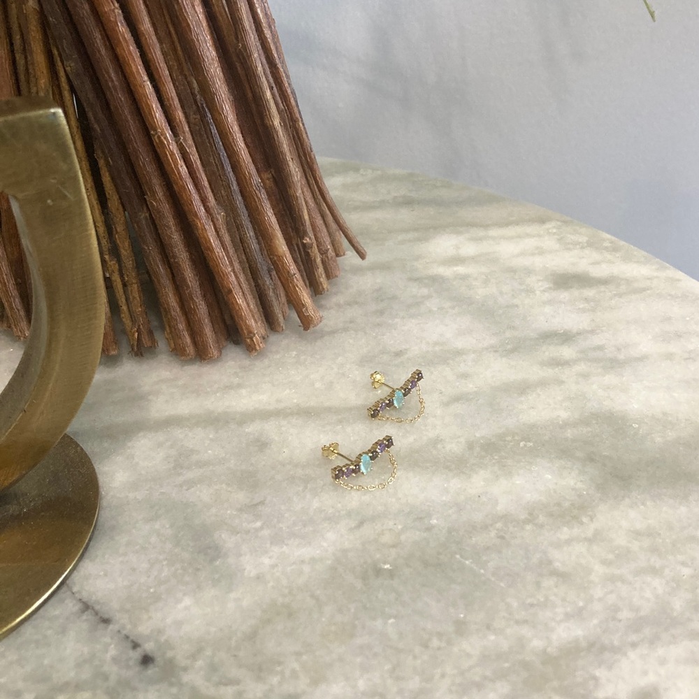 Sterling Silver Gold Toned Colorful Zircon Chain Earrings - Picture 4 of 6